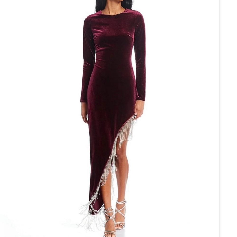 City Vibe Velvet Long Sleeve Asymmetrical Hem Fringe Trim Long Dress